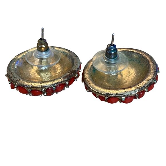 Vintage Red Pierced Earrings With Gold-Tone Accents - Picture 3 of 3